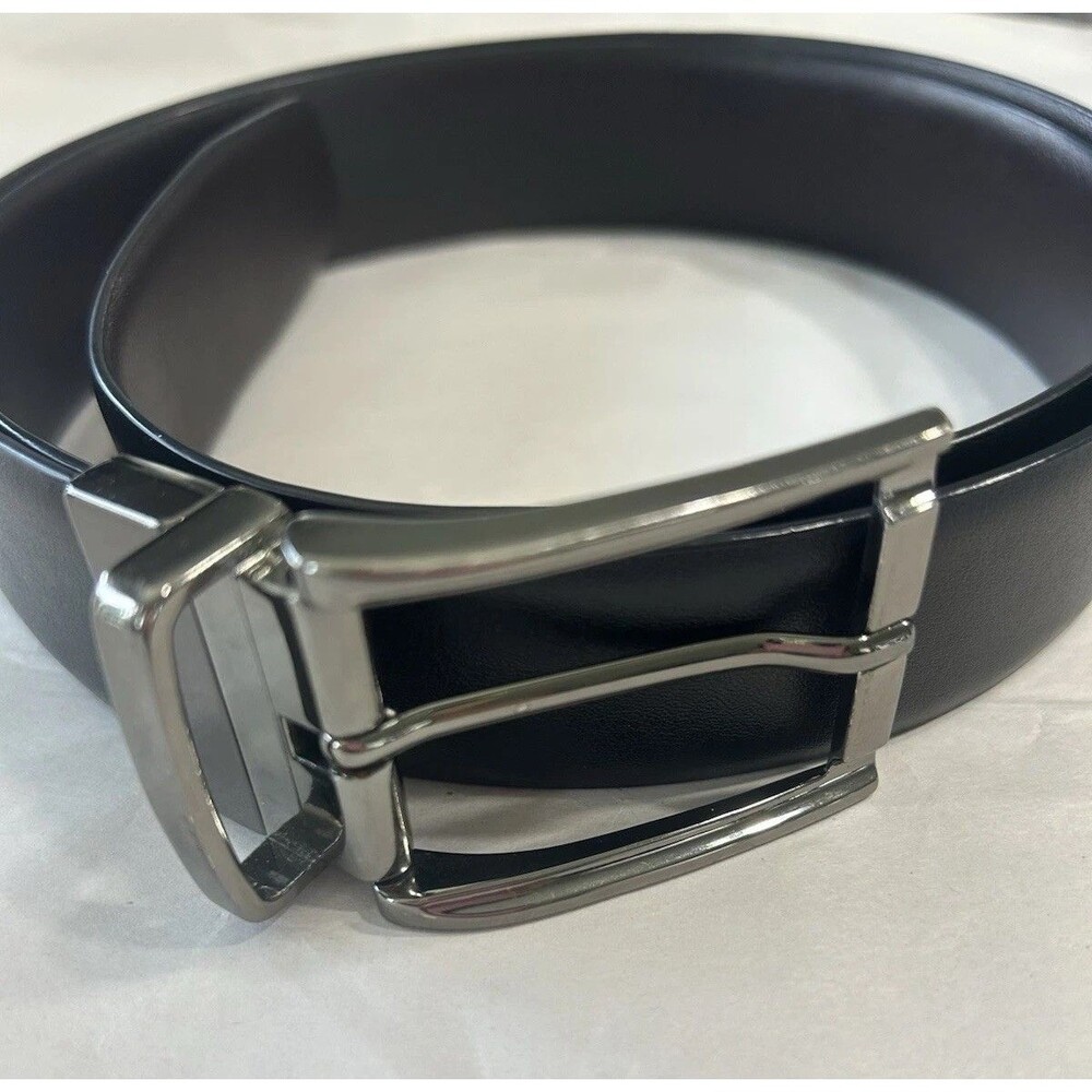 Black Leather Belt with Silver Reversible Buckle